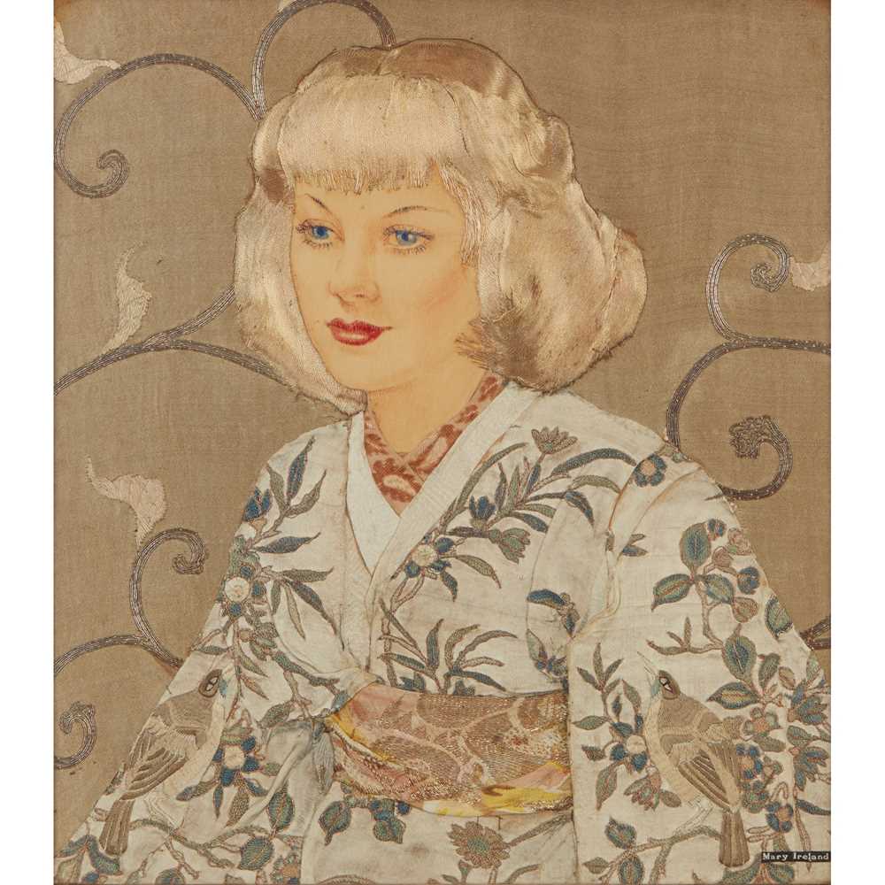 Appraisal: MARY IRELAND -C THE EMBROIDERED KIMONO DATED appliqu fabric mosaic