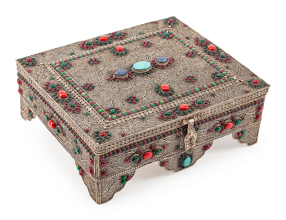 Appraisal: A Silver Filigree Turquoise Ruby and Enamel Box A Silver