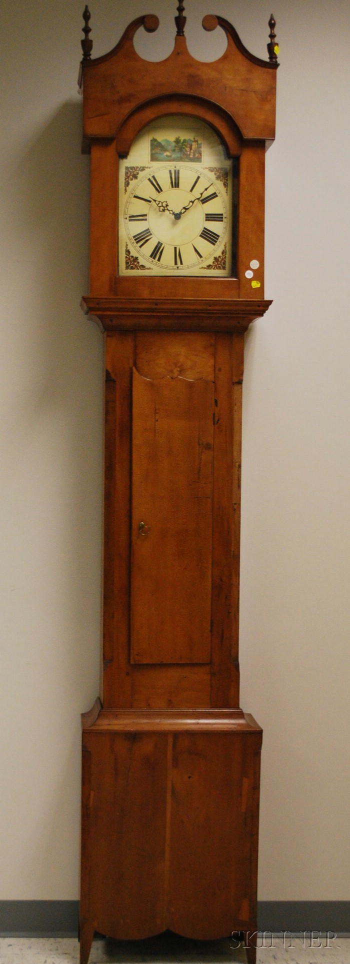 Appraisal: Cherry Tall Clock probably Pennsylvania c scroll-top case painted wooden