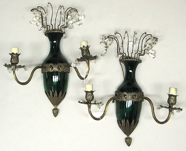 Appraisal: A pair of Neoclassical style brass and emerald green glass