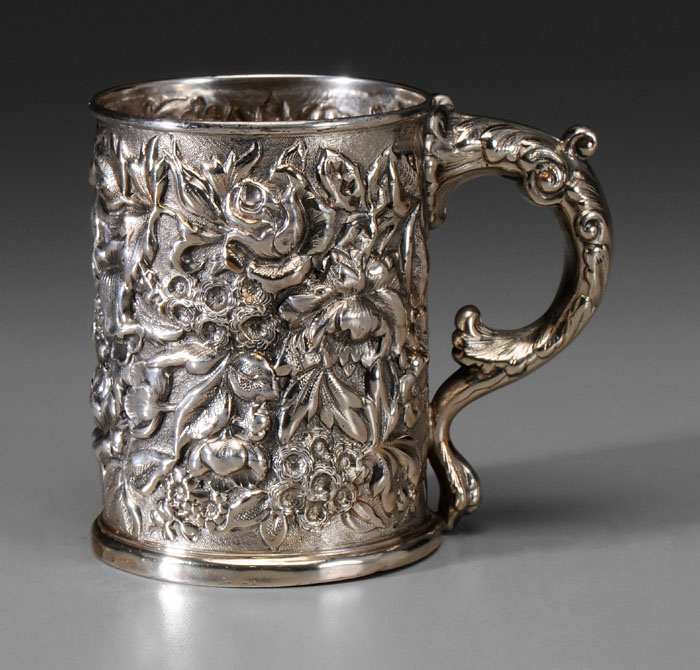 Appraisal: Whiting Sterling Mug American th century heavy floral repouss decoration