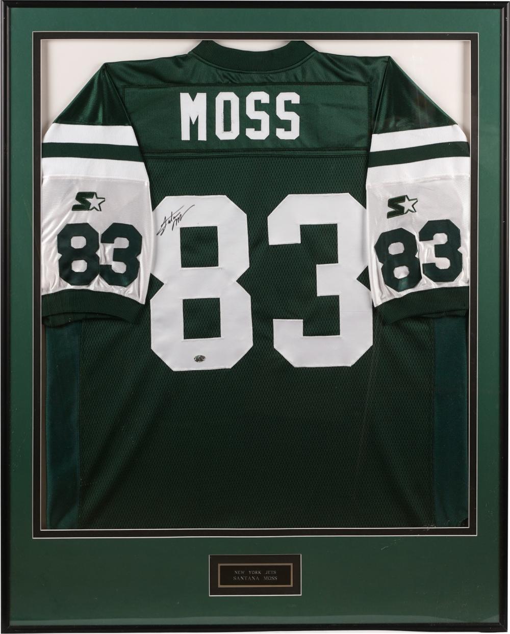 Appraisal: SANTANA MOSS NEW YORK JETS SIGNED FOOTBALL JERSEYsigned and framed