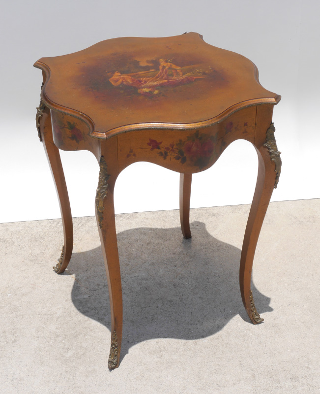 Appraisal: VERNIS MARTIN STYLE DECORATED SIDE TABLE Shaped top with transfer