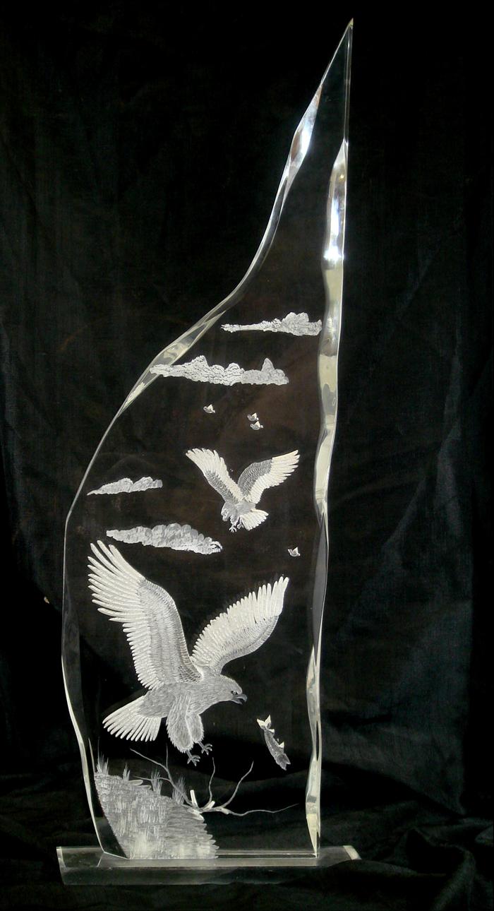 Appraisal: lucite sculpture one obelisk h another irregualr with etched eagle