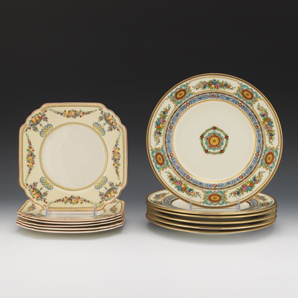 Appraisal: SIX MINTON PORCELAIN DINNER PLATES AND SIX WEDGWOOD PORCELAIN SQUARE