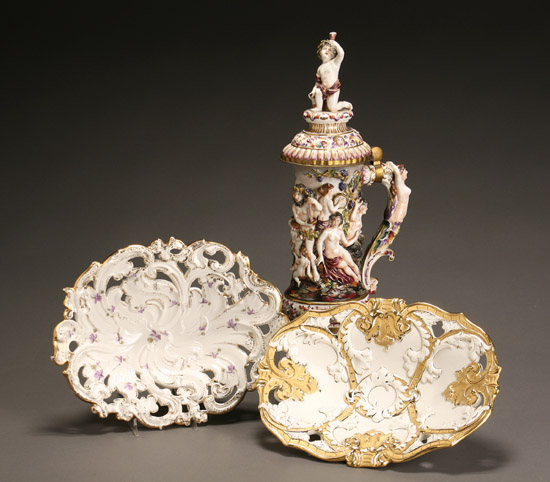 Appraisal: Capo-di-Monte Type Flagon and Two Meissen Oval Bowls th Century