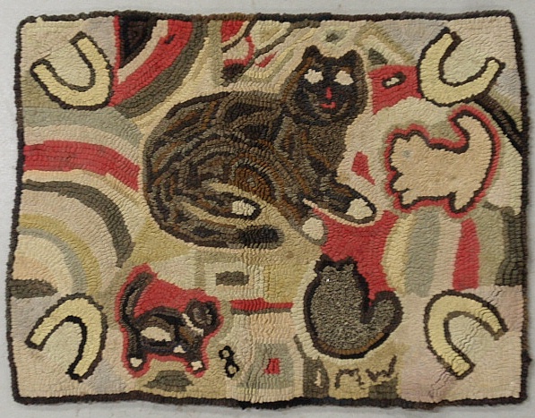 Appraisal: - Early hooked rug with cats and horseshoe corners x