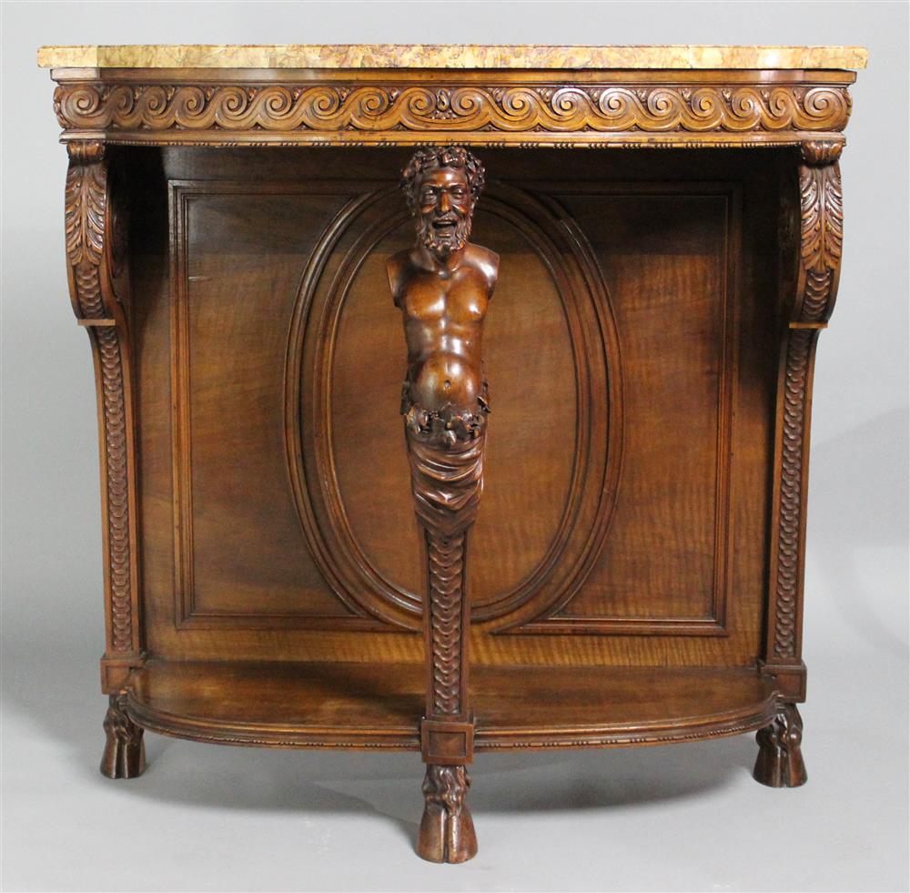 Appraisal: FRENCH WALNUT FIGURAL CONSOLE late th Century with cloven feet