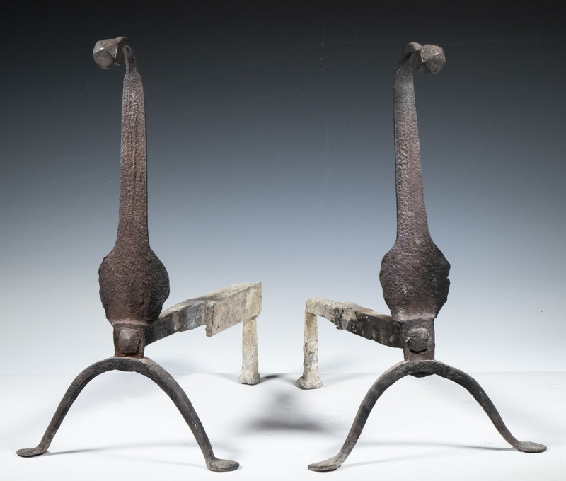 Appraisal: PR EARLY WROUGHT IRON ANDIRONS Pair of th c Faceted