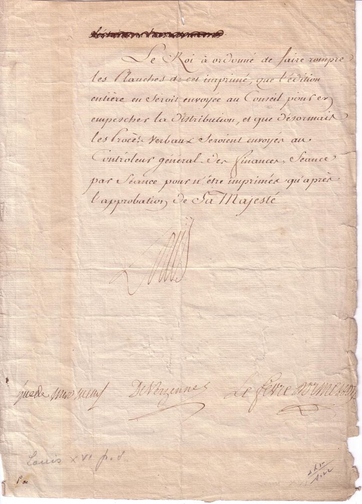 Appraisal: LOUIS XVI KING OF FRANCE Document Signed Louis in French