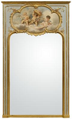 Appraisal: Louis XV style trumeau mirror oil on canvas panel depicting