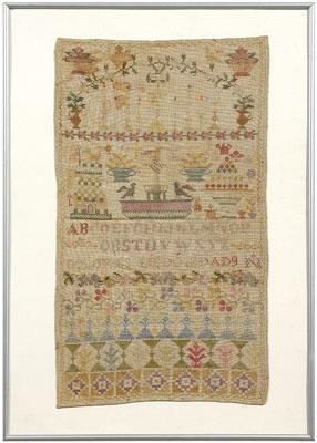 Appraisal: Pictorial alphabet sampler silk on linen tall candlestick above possible