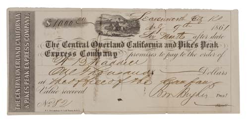 Appraisal: PONY EXPRESS Partly-printed promissory note on the Central Overland California