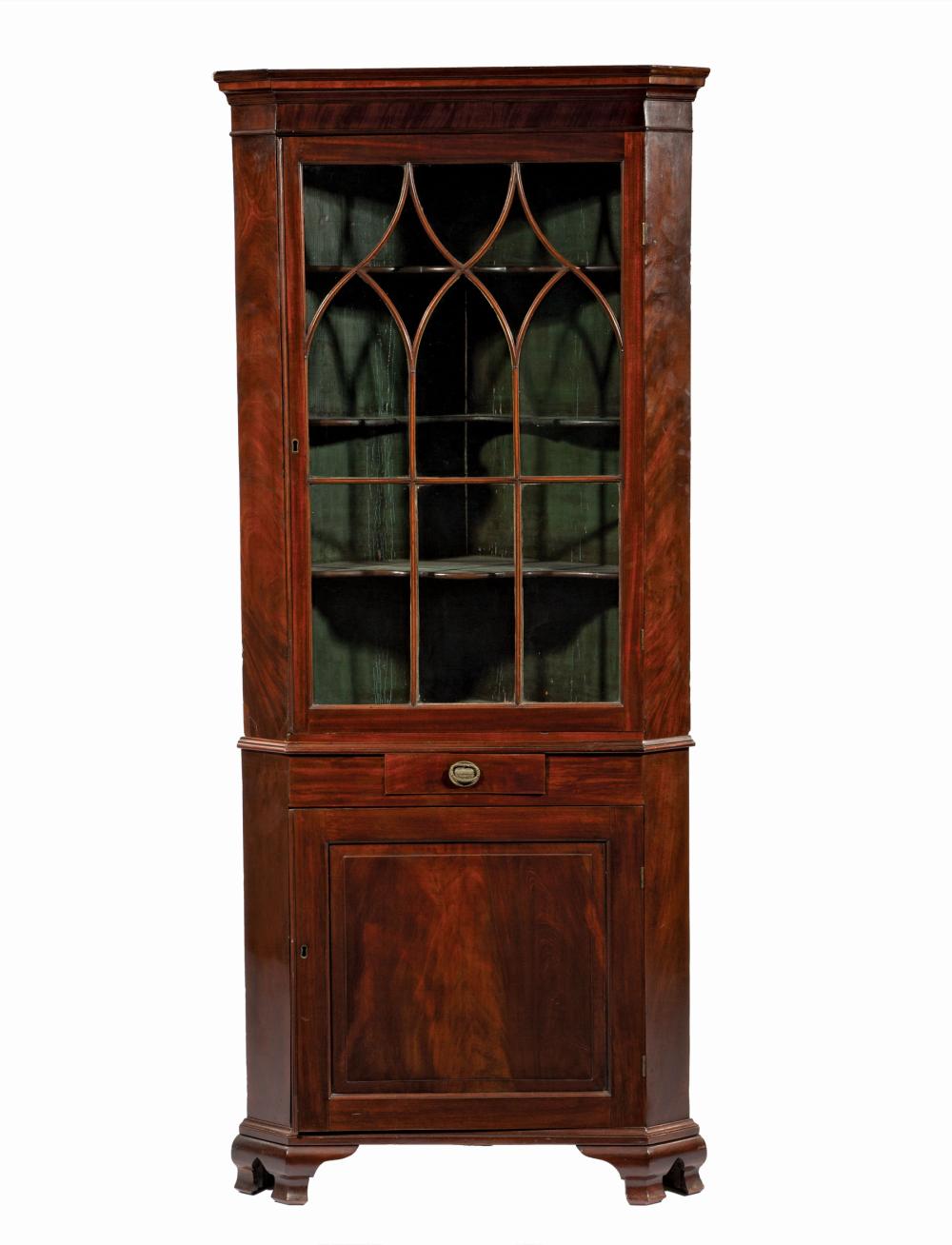 Appraisal: Antique Georgian-Style Mahogany Corner Cupboard th c molded cornice Gothicized