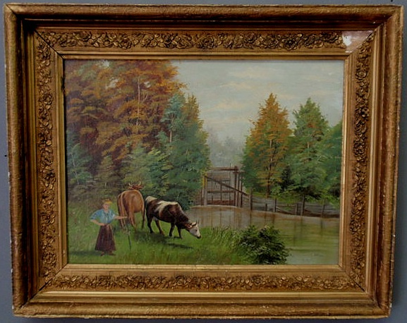 Appraisal: Oil on canvas painting of a pastoral scene with cows