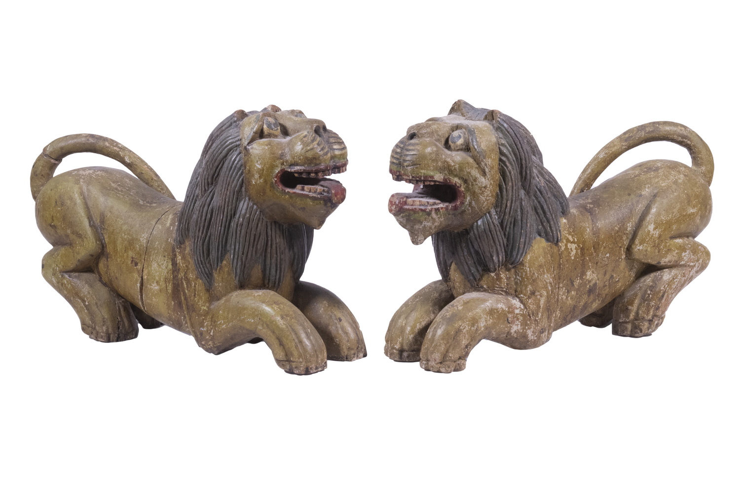 Appraisal: PR ASIAN CARVED LIONS Pair of Vintage Folk Art Carved