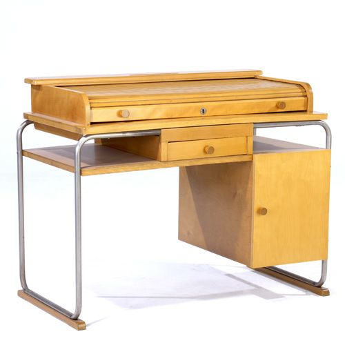 Appraisal: TORCK Maple roll-top desk with five drawers and cabinet on