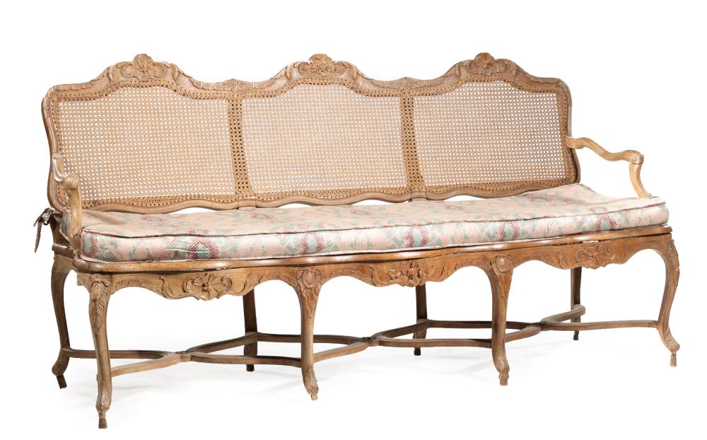 Appraisal: Provincial Louis XV-Style Caned Hall Bench floral crest rail cabriole