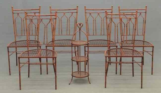 Appraisal: Set of six wrought iron chairs along with matching muffineer