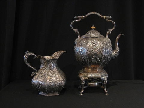 Appraisal: PLATED KETTLE ON STAND AND A EWER Early th century