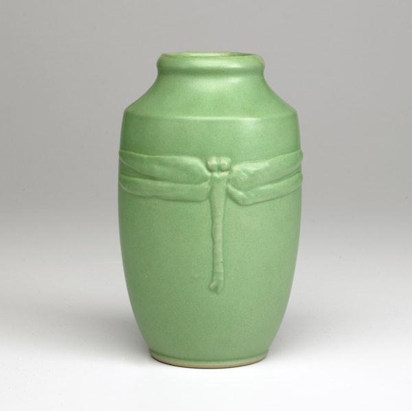 Appraisal: OUACHITA Rare vase enbossed with dragonflies under matte green glaze