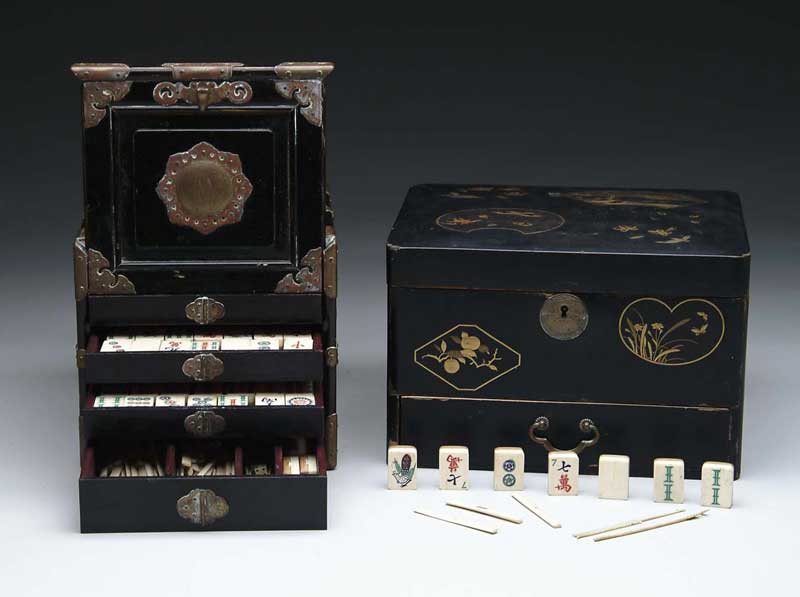 Appraisal: ANTIQUE MAHJONG SET AND ORIENTAL LACQUERED BOX Fine cased mahjong