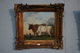 Appraisal: th century Scottish School Highland cattle oil on wooden panel