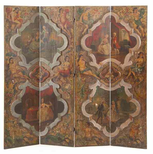 Appraisal: French Paint Decorated Floor Screenlate th century four folding panels