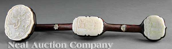 Appraisal: A Large Chinese Grayish White Jade Mounted Hardwood Ruyi Scepter