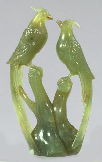 Appraisal: Chinese Carved Serpentine Group of a Pair of Crested Birds