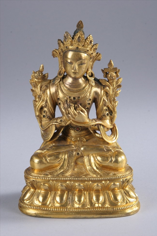 Appraisal: TIBETO-CHINESE GILT- BRONZE FIGURE OF MANJUSHRI th century Seated in