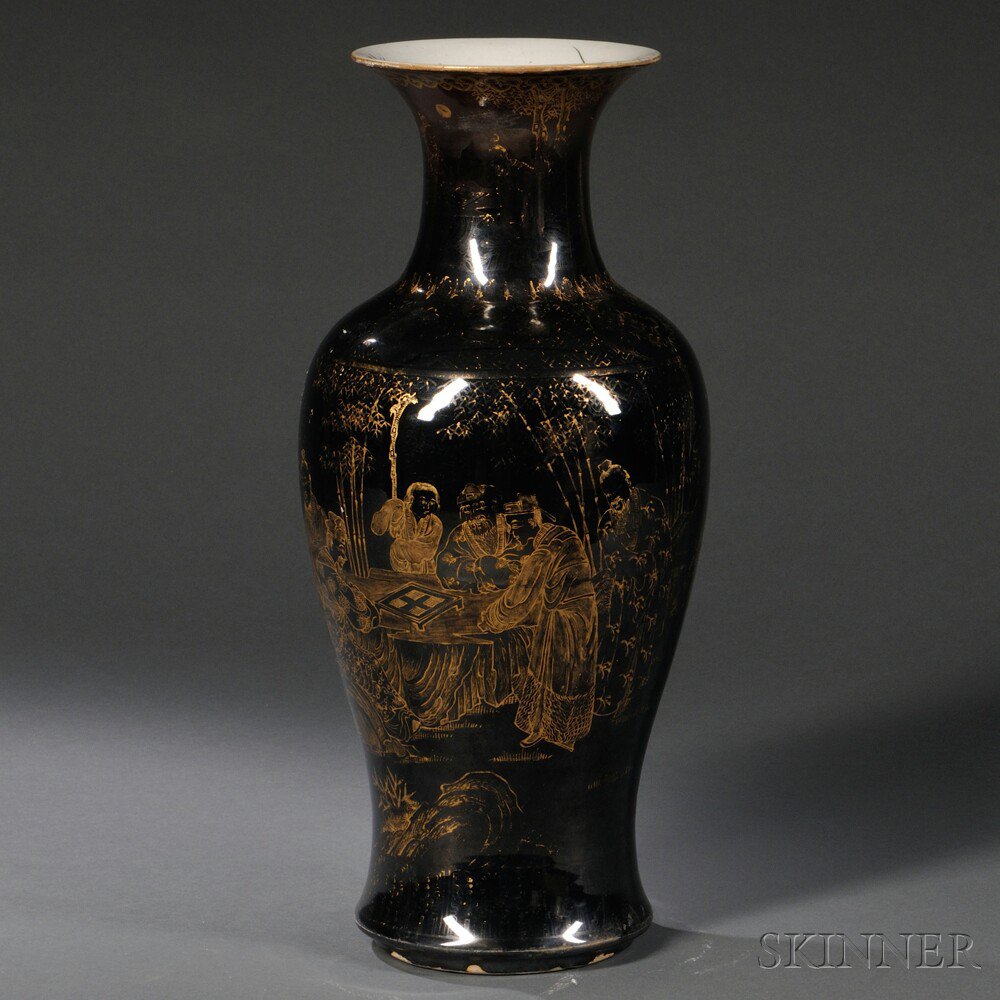 Appraisal: Black and Gilt Baluster Vase China th century two scenic