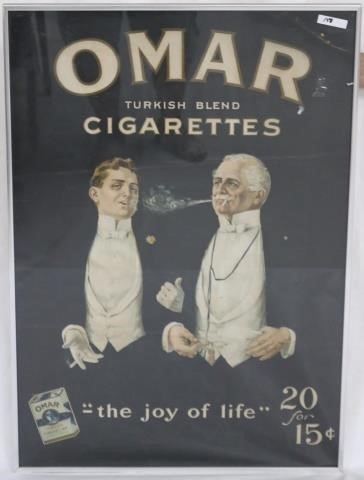 Appraisal: CONTEMPORARY FRAMED CARDBOARD ADVERTISING SIGN OMAR CIGARETTES SHOWS OLD CREASING