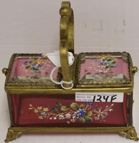 Appraisal: ENAMEL CRANBERRY DOUBLE HINGED BOX WITH GILTFRAME HIGH WITH HANDLE