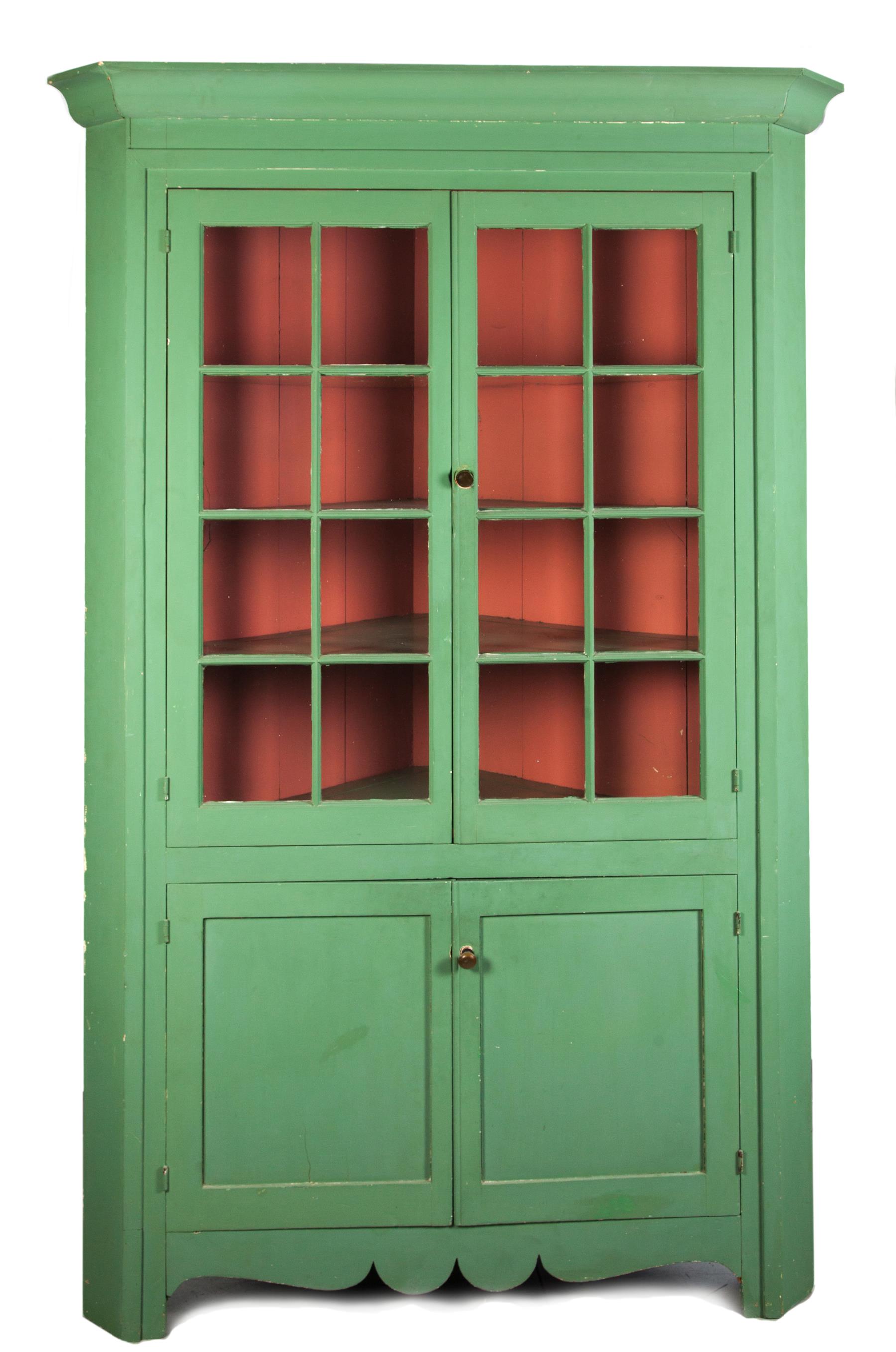 Appraisal: PAINTED ONE-PIECE SIXTEEN-PANE CORNER CUPBOARD American mid th century Replaced