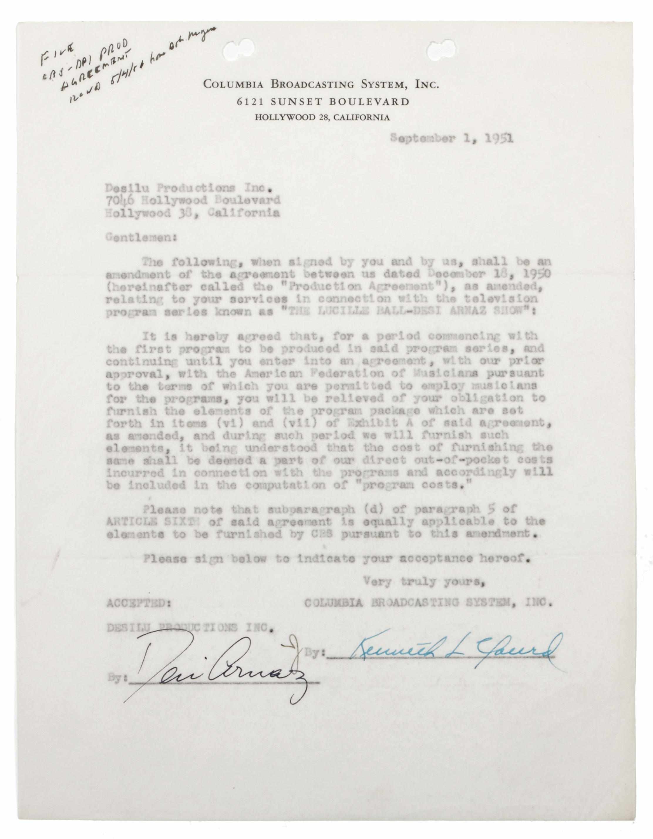 Appraisal: ARNAZ DESI - ''I LOVE LUCY'' CONTRACTS Typed Document Signed