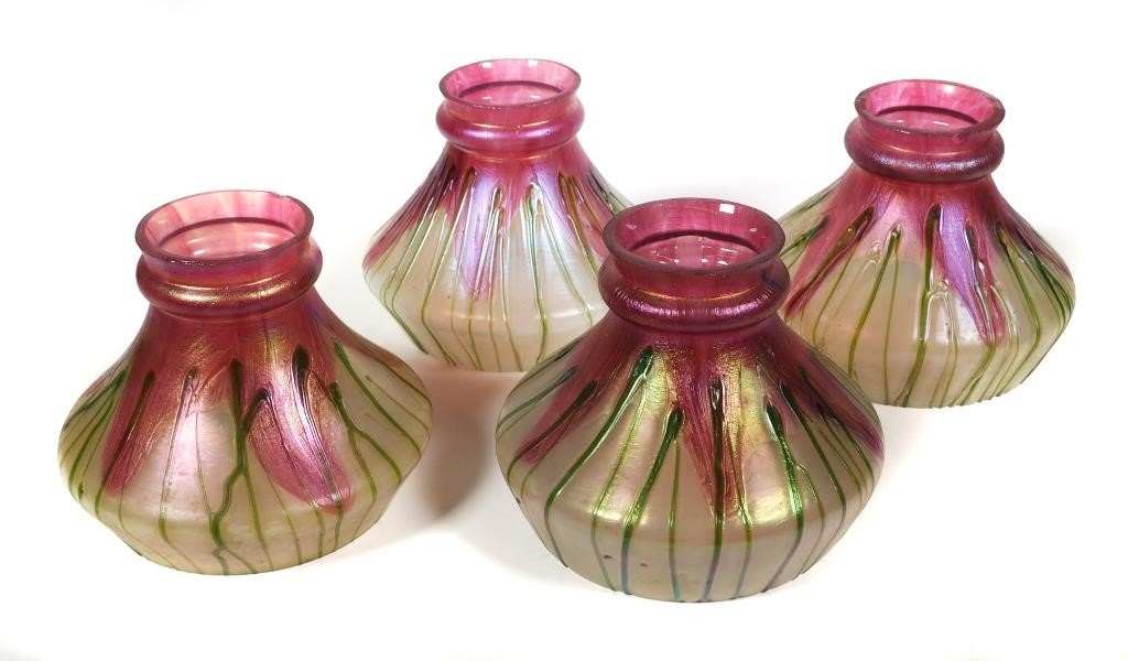 Appraisal: Vintage iridescent art glass lamp shades Shades measure at the