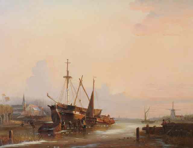 Appraisal: Egide Linnig - Dutch winter seascape with sailing vessels docked