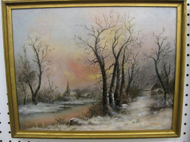 Appraisal: Josephine V Schuyler Oil on Canvas winter landscape with church