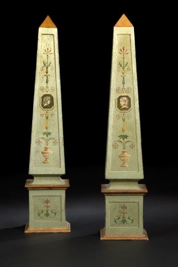 Appraisal: Large Pair of French Polychromed and Parcel-Gilt Wooden Obelisks in