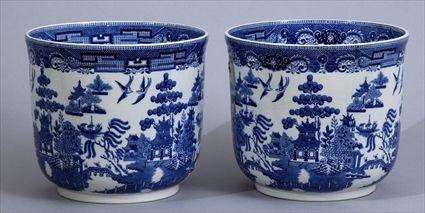 Appraisal: PAIR OF WEDGWOOD ETRURIA BLUE TRANSFER WILLOW PATTERN JARDINIERES Each