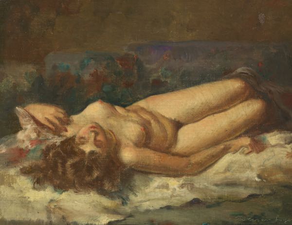 Appraisal: AMERICAN SCHOOL TH CENTURY x sight size Reclining nude Oil