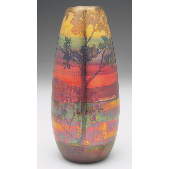 Appraisal: Weller LaSa vase detailed landscape design colorful metallic glaze marked