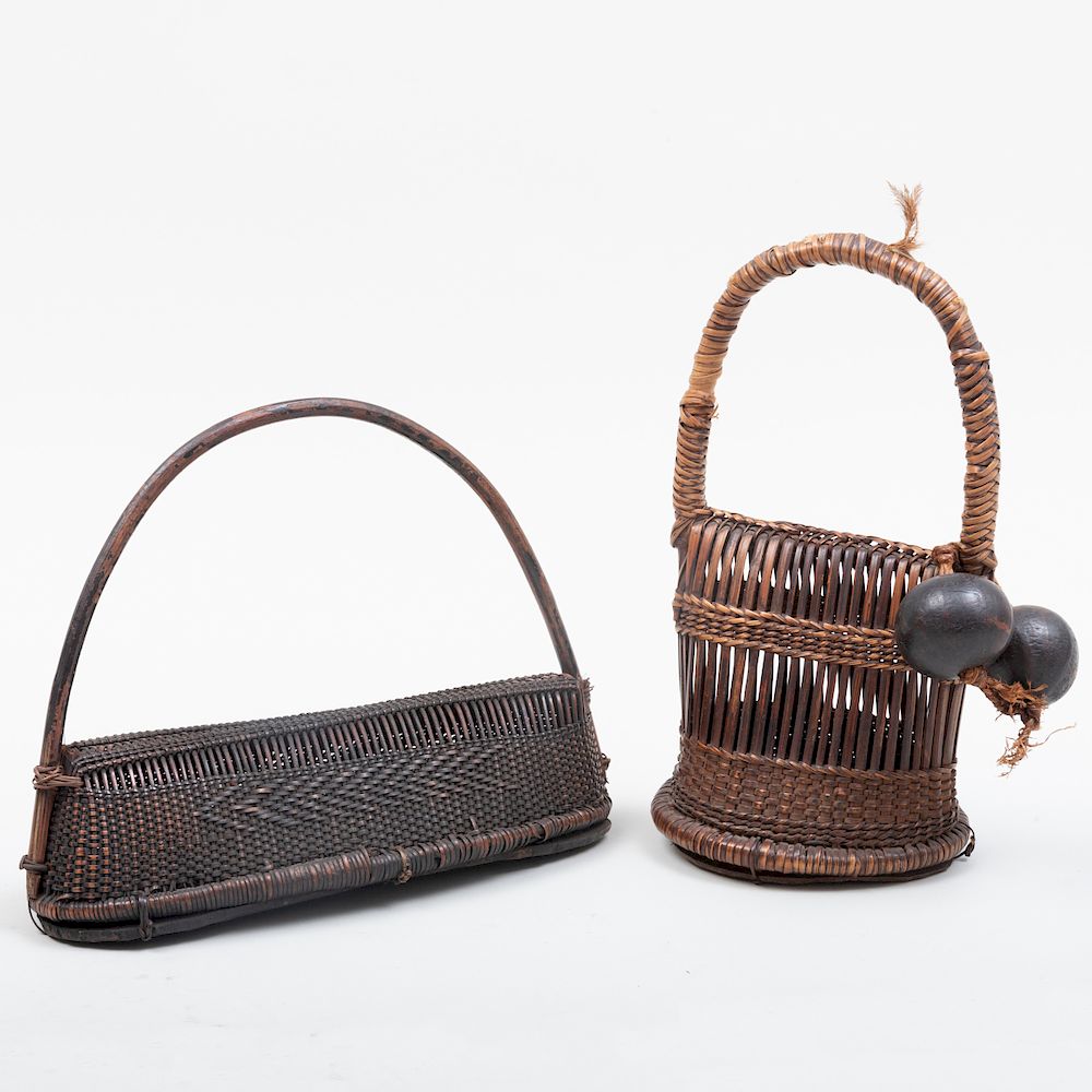 Appraisal: Two Democratic Republic of Congo Woven Reed and Leather Rattles