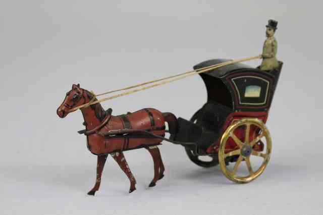 Appraisal: HORSE DRAWN CAB Germany lithographed tin driver seated at rear