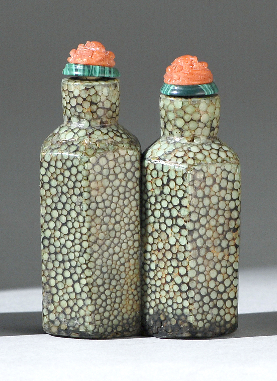 Appraisal: RARE GREEN SHARKSKIN DOUBLE SNUFF BOTTLE Mid- th CenturyIn the