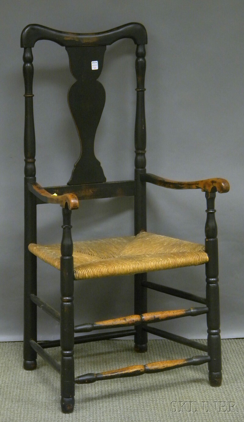 Appraisal: Black-painted Queen Anne Armchair with Woven Rush Seat