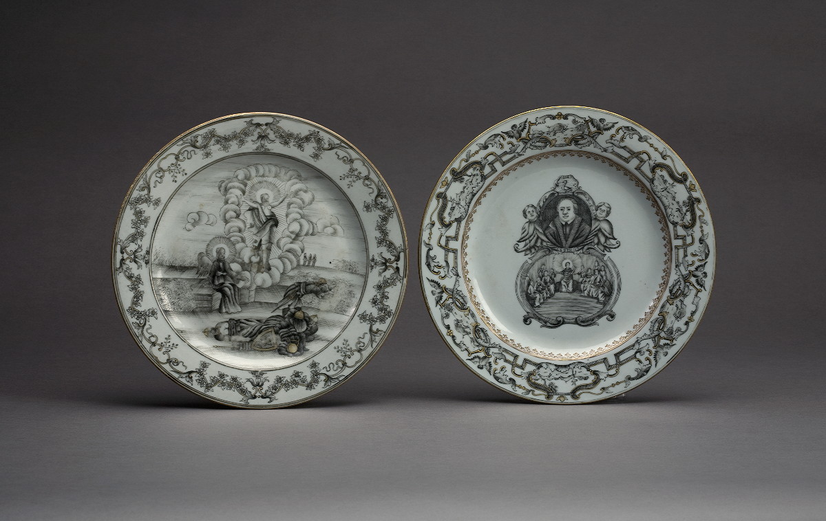 Appraisal: CHINESE EXPORT PORCELAIN RELIGIOUS-SUBJECT PLATE CIRCA Painted en grisaille with