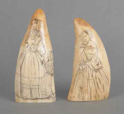 Appraisal: Two scrimshaw whale teeth decorated with Victorian women the reverse