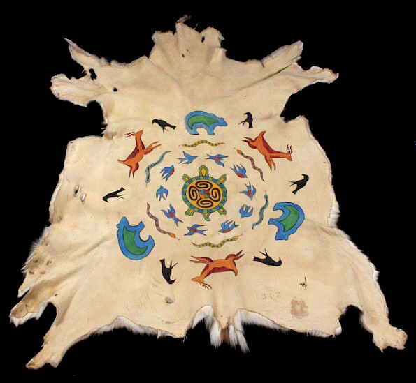 Appraisal: Hopi Polychrome Pinwheel Effigy Painted Deer Hide Available for your